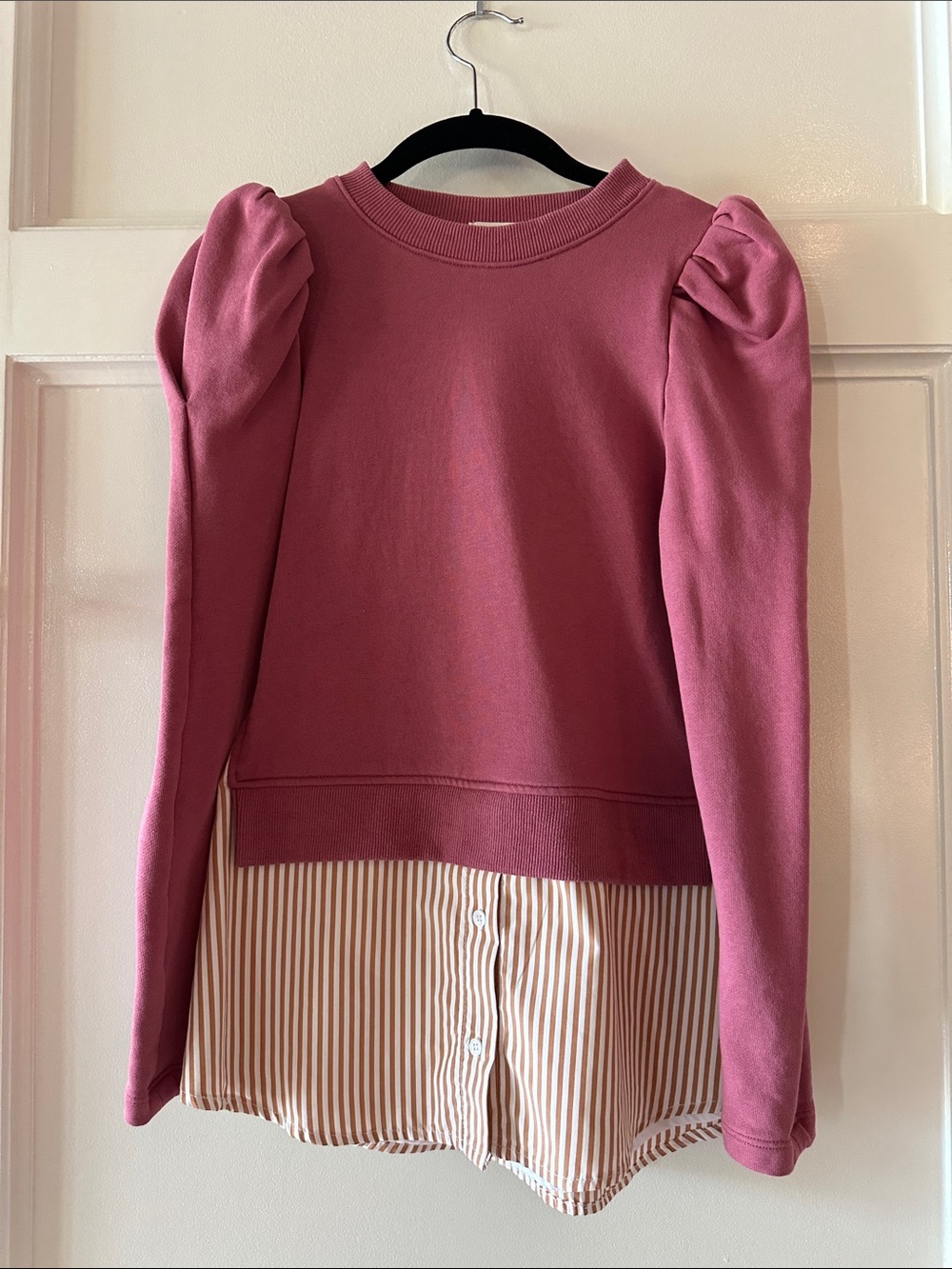 Maeve twofer puff sleeve sweatshirt with tan striped shirt